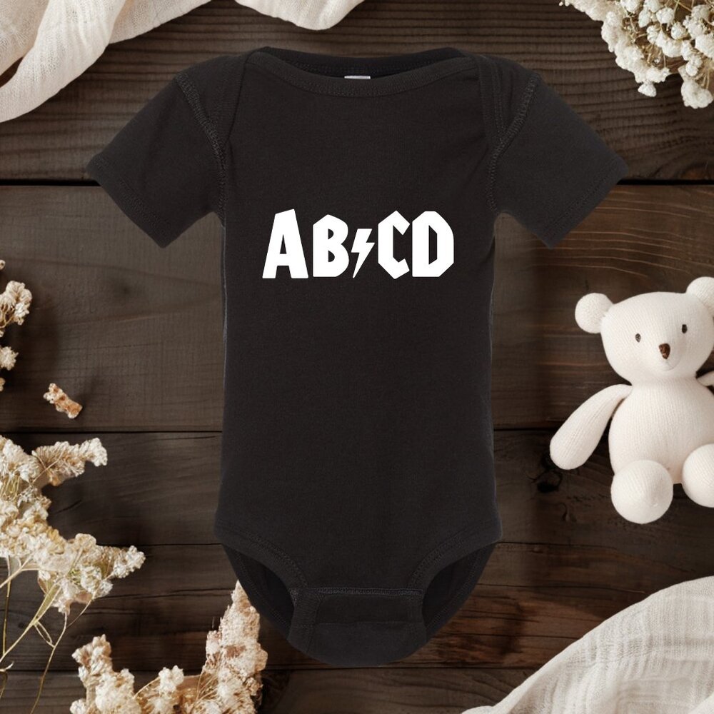 ab/cd Baby Onesie • Funny Rock Band Parody Bodysuit • AC/DC Inspired Onesie